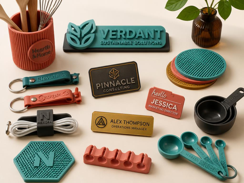 Piezas impresas en 3D: llaveros con logo, utensilios de cocina, placas y merchandising corporativo